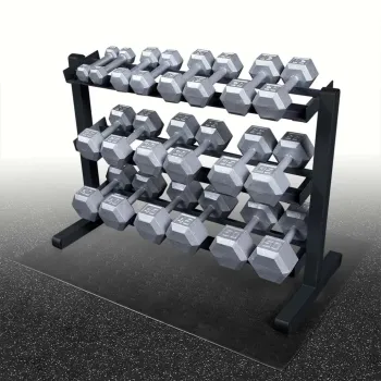 Body-Solid Kurzhantelablage GDR-363B Black Edition – mit Hex-Kurzhanteln auf Matte