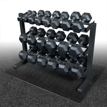 Body-Solid Kurzhantelablage GDR-363B Black Edition – mit Gummi-Kurzhanteln auf Matte