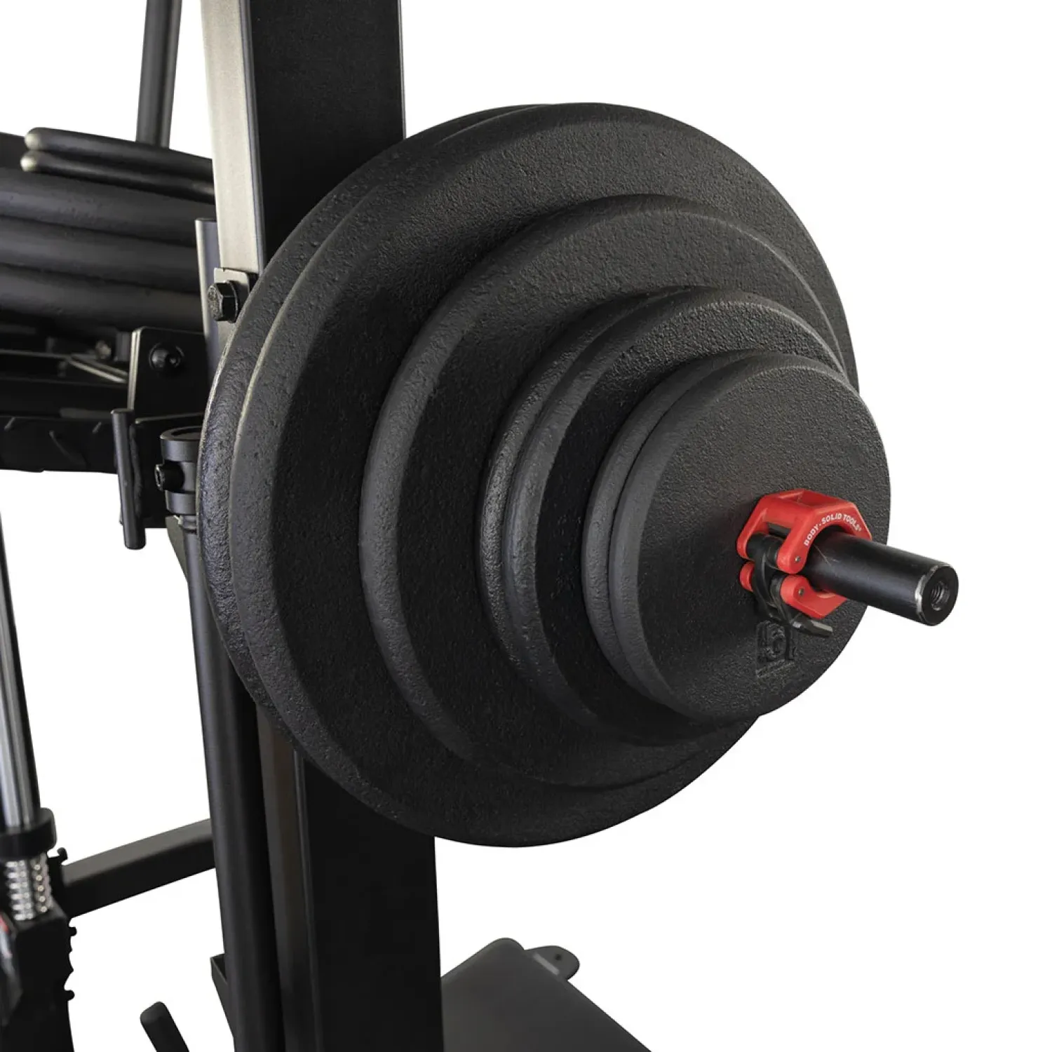 Body-Solid vertikale Beinpresse GVLP – beladene Scheibenaufnahme im Detail
