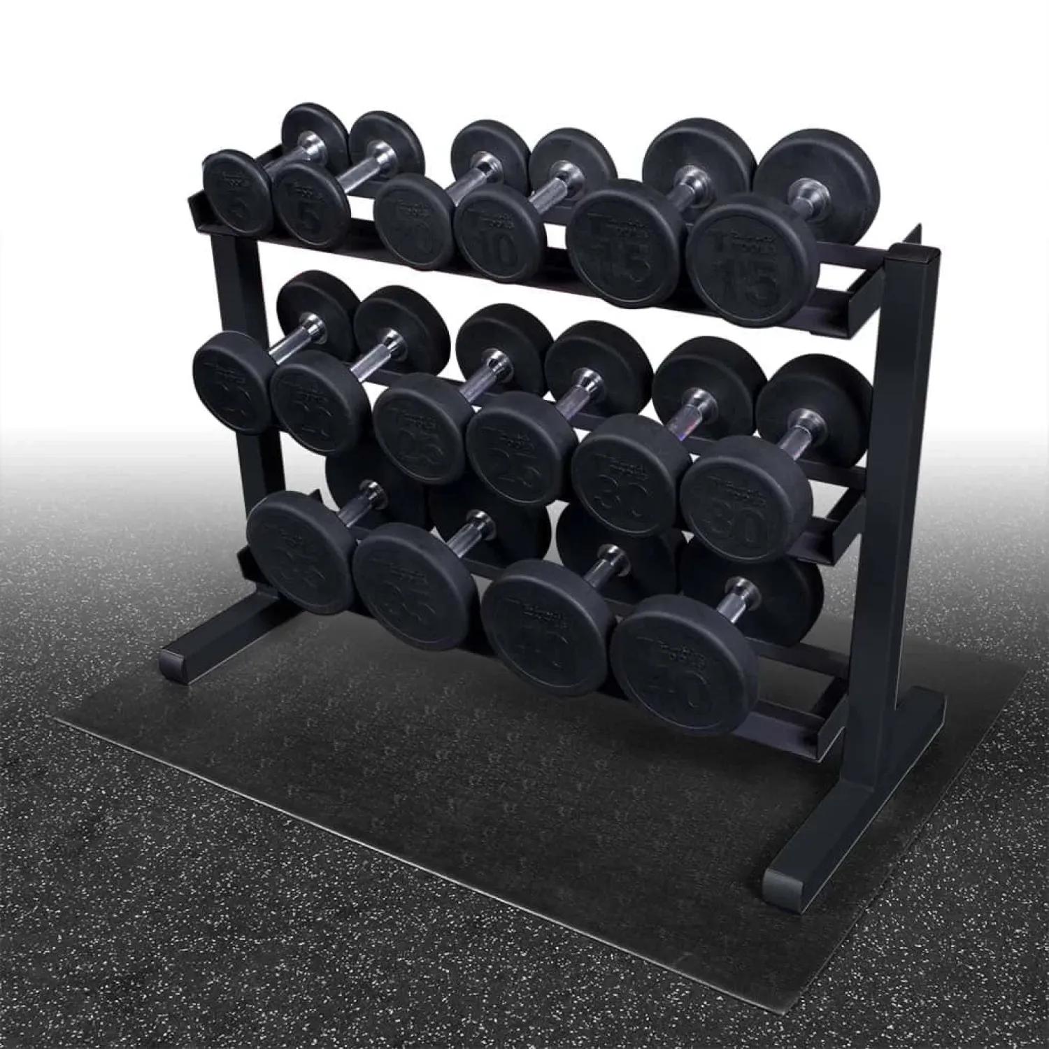 Body-Solid Kurzhantelablage GDR-363B Black Edition – mit Pro-Style-Kurzhanteln auf Matte