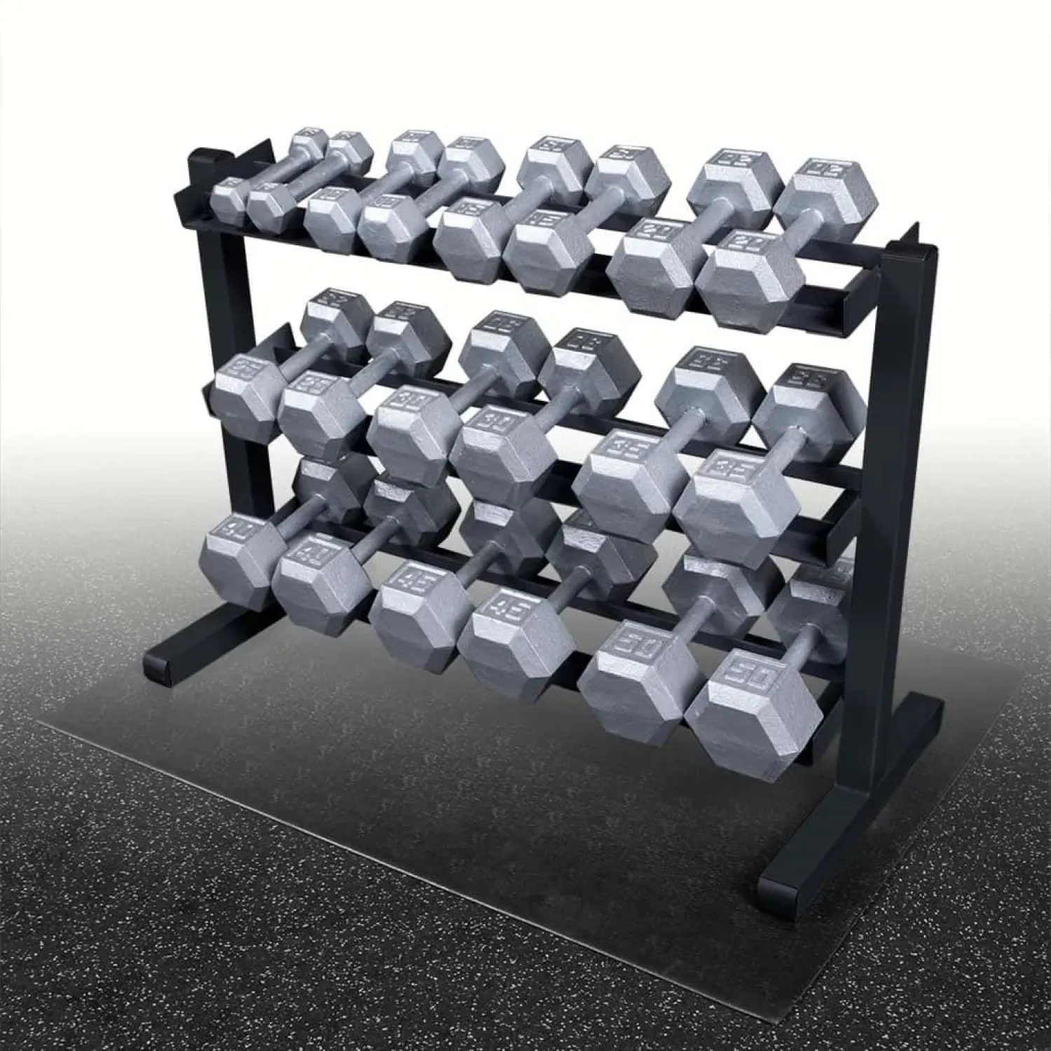 Body-Solid Kurzhantelablage GDR-363B Black Edition – mit Hex-Kurzhanteln auf Matte