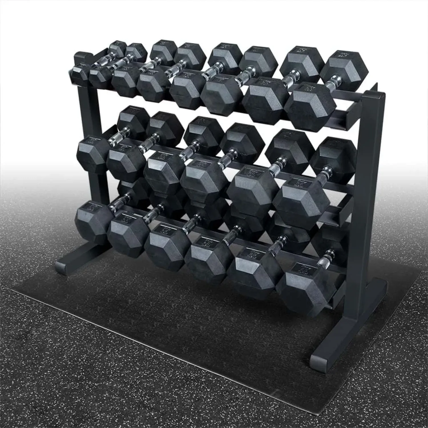 Body-Solid Kurzhantelablage GDR-363B Black Edition – mit Gummi-Kurzhanteln auf Matte