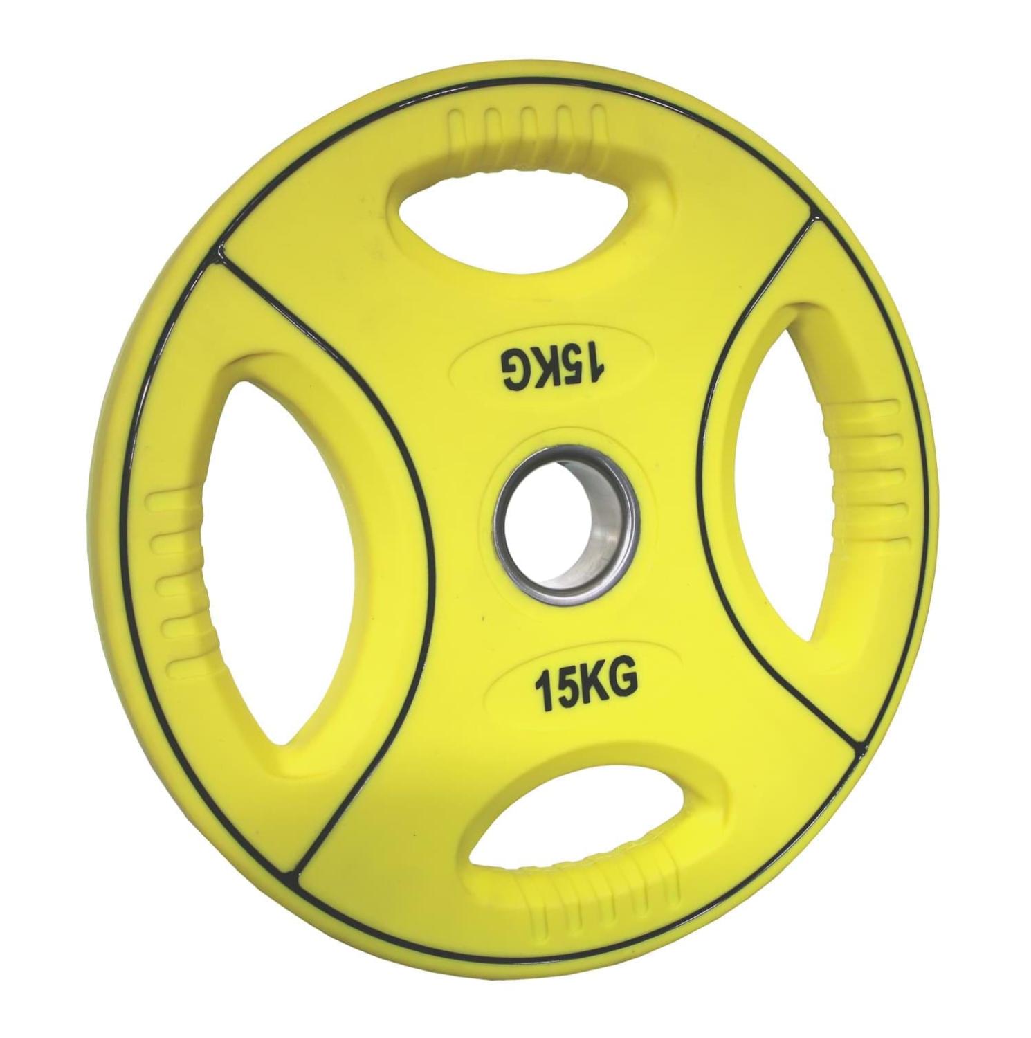 PU farbcodierte Hantelscheibe 15 Kg - 4-Grip-Design - 50/51mm